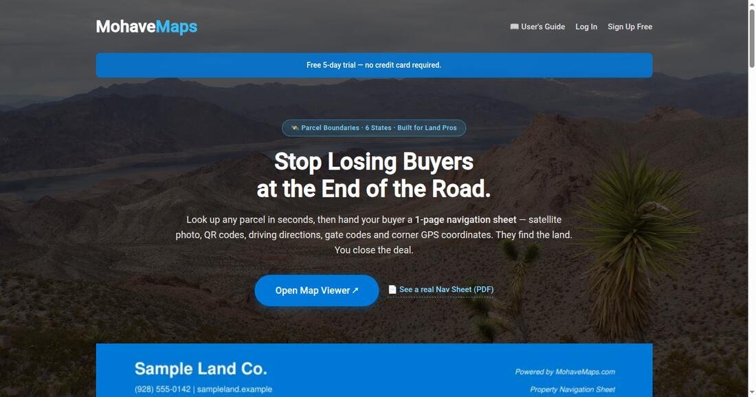 The MohaveMaps home page: hero headline, Open Map Viewer button and the six available state buttons