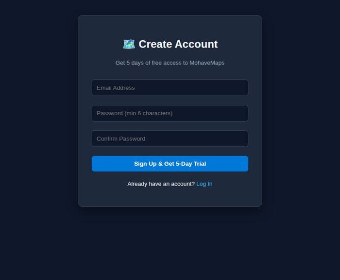The Create Account form: email, password, confirm password, and a Sign Up and Get Trial button