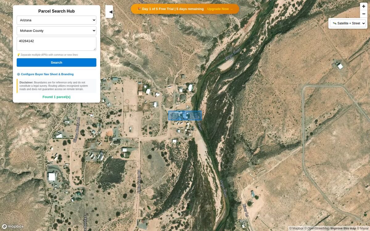 Map viewer showing Arizona, Mohave County selected, APN 40264142 in the search box, and the parcel highlighted in blue on satellite imagery