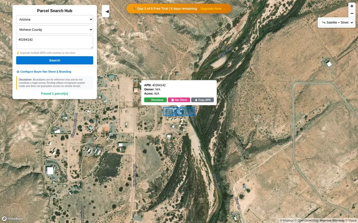 Parcel popup open on the map showing APN details and the three action buttons: Directions, Nav Sheet and Copy APN