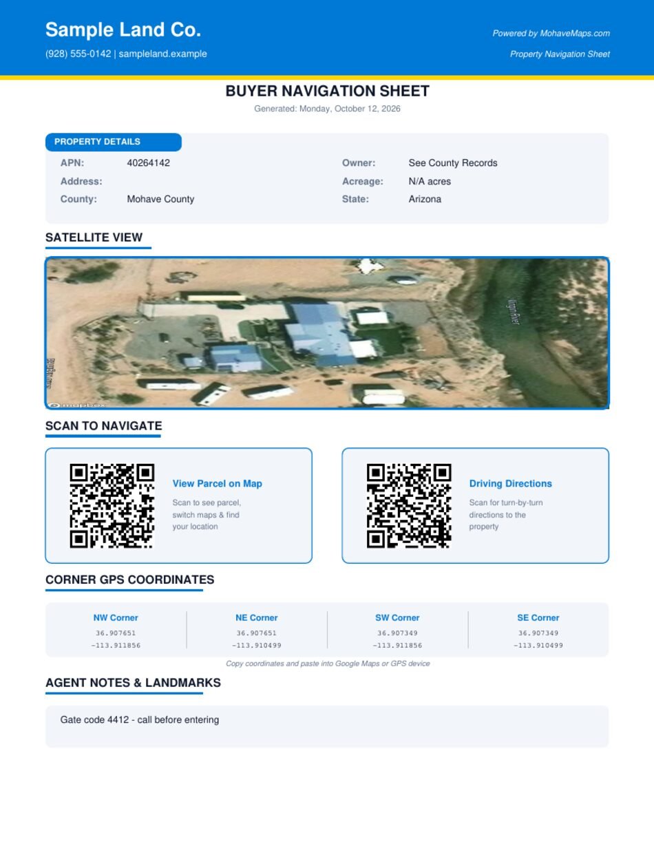 A real MohaveMaps buyer navigation sheet: property header, satellite photo, QR codes, GPS corner coordinates and agent notes